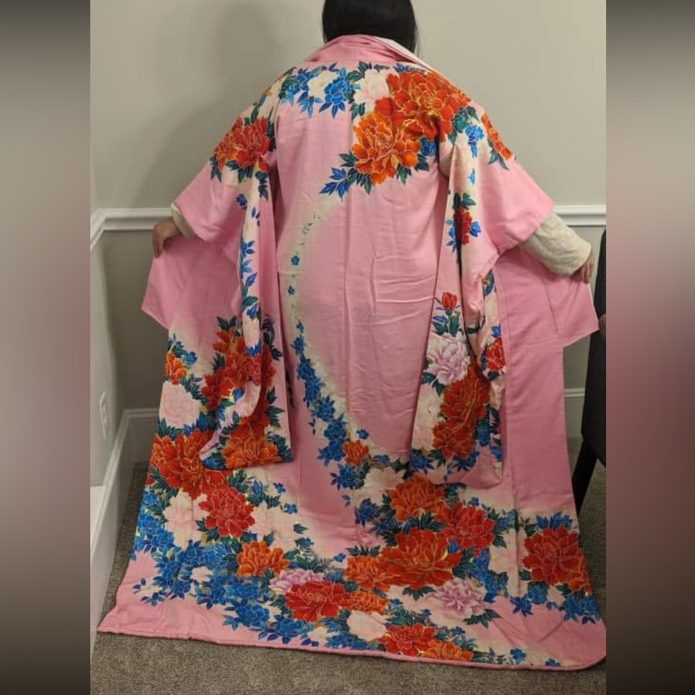 Vintage Japanese Silk Furisode Kimono - Vibrant Pink with Floral Peony Pattern